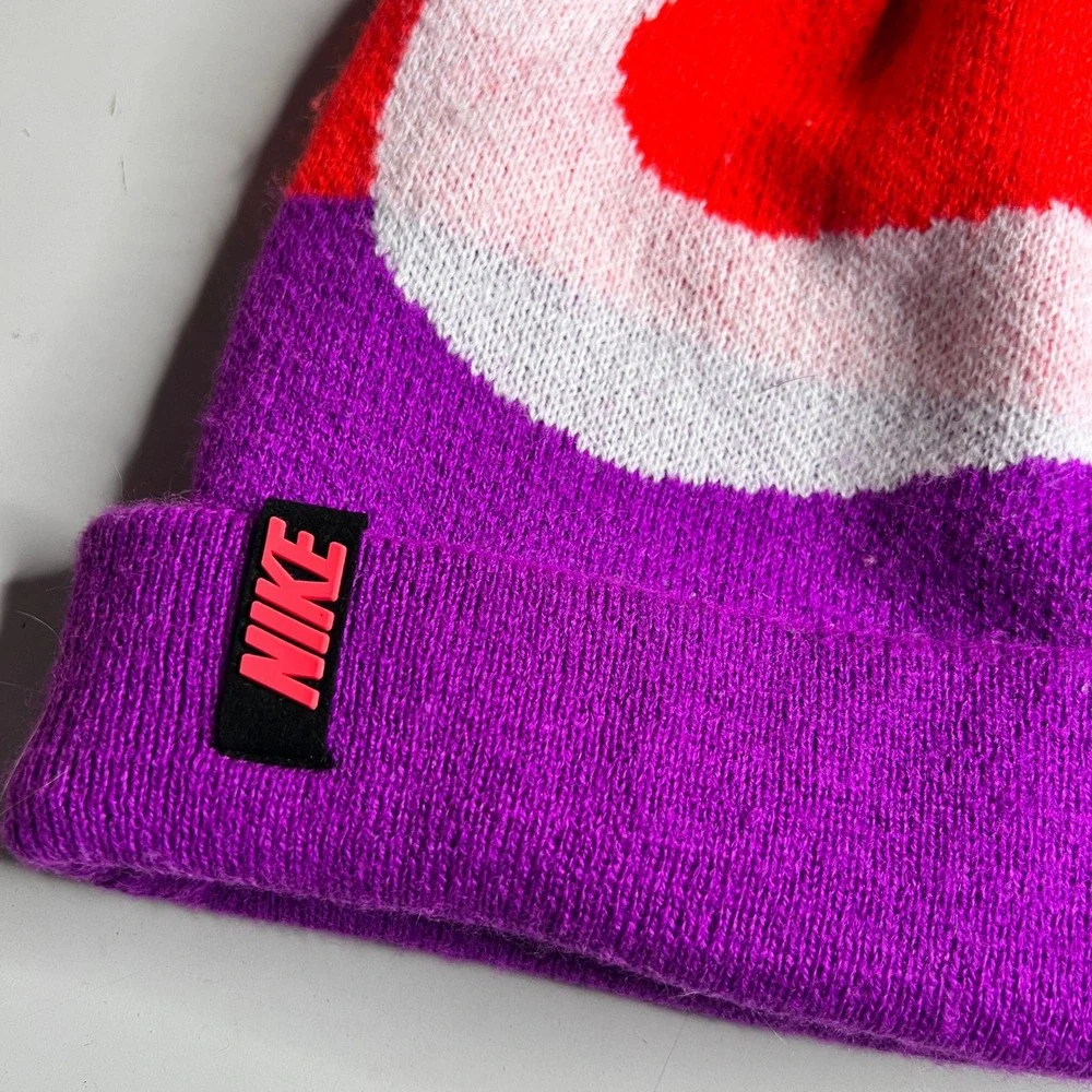 Nike Youth Beanie‎ Hat Purple Red White Swoosh Pom Pom Knit Cap 2547-457